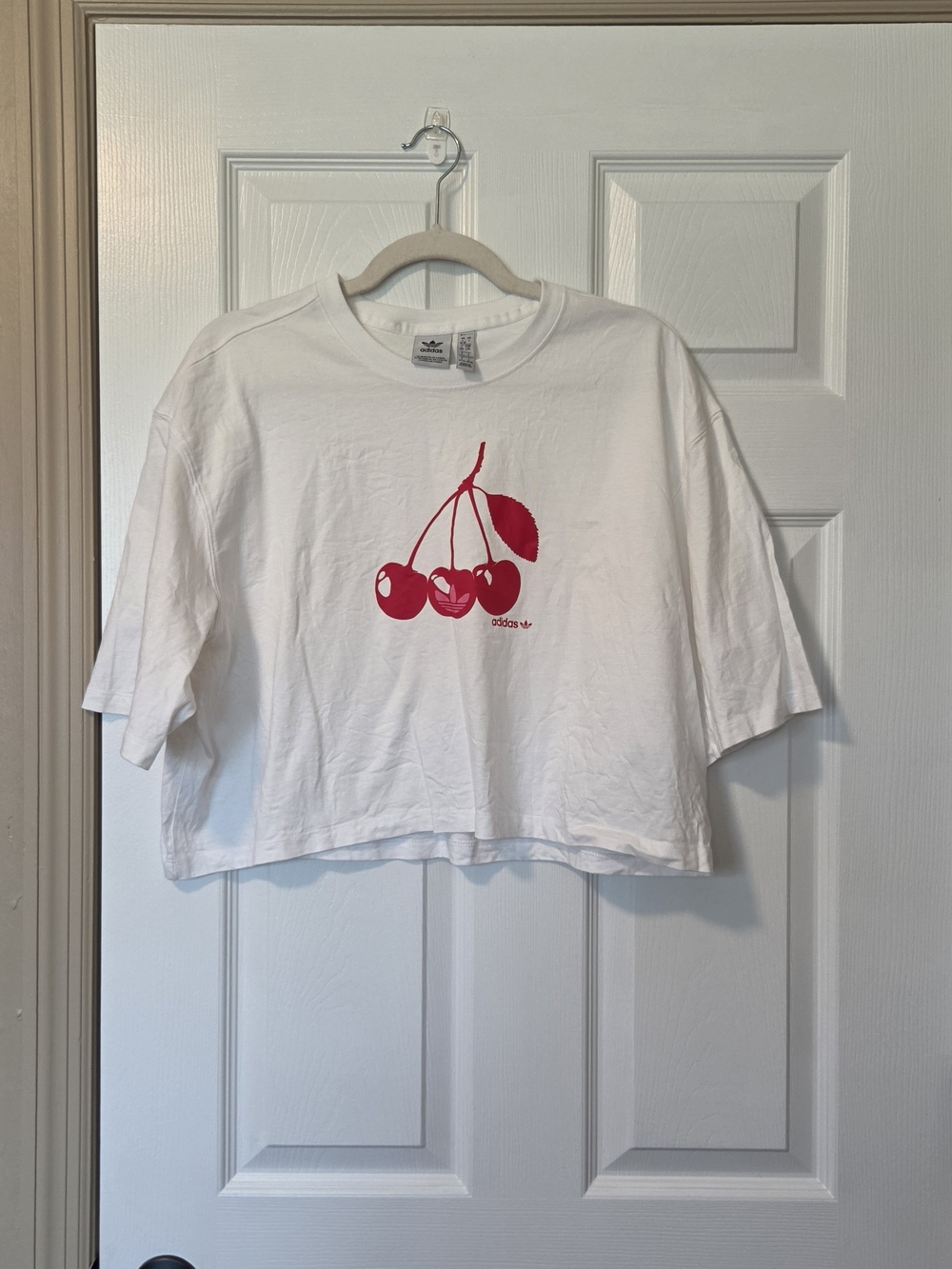 adidas White Cropped Tee with Red Cherry Print
